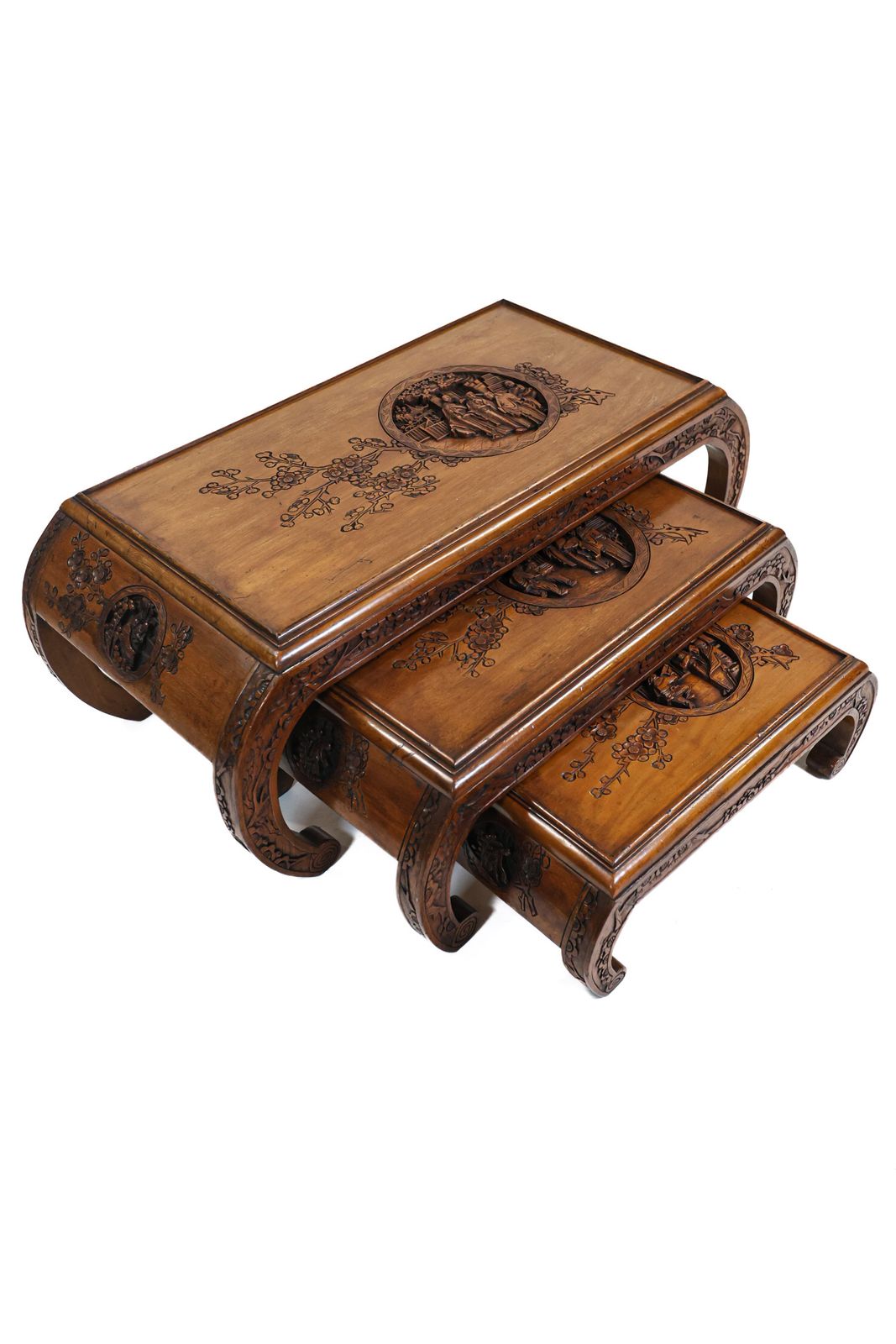 Teak Chinese Carved Nest Of 3 Coffee Tables 1950s/60s photo furniture