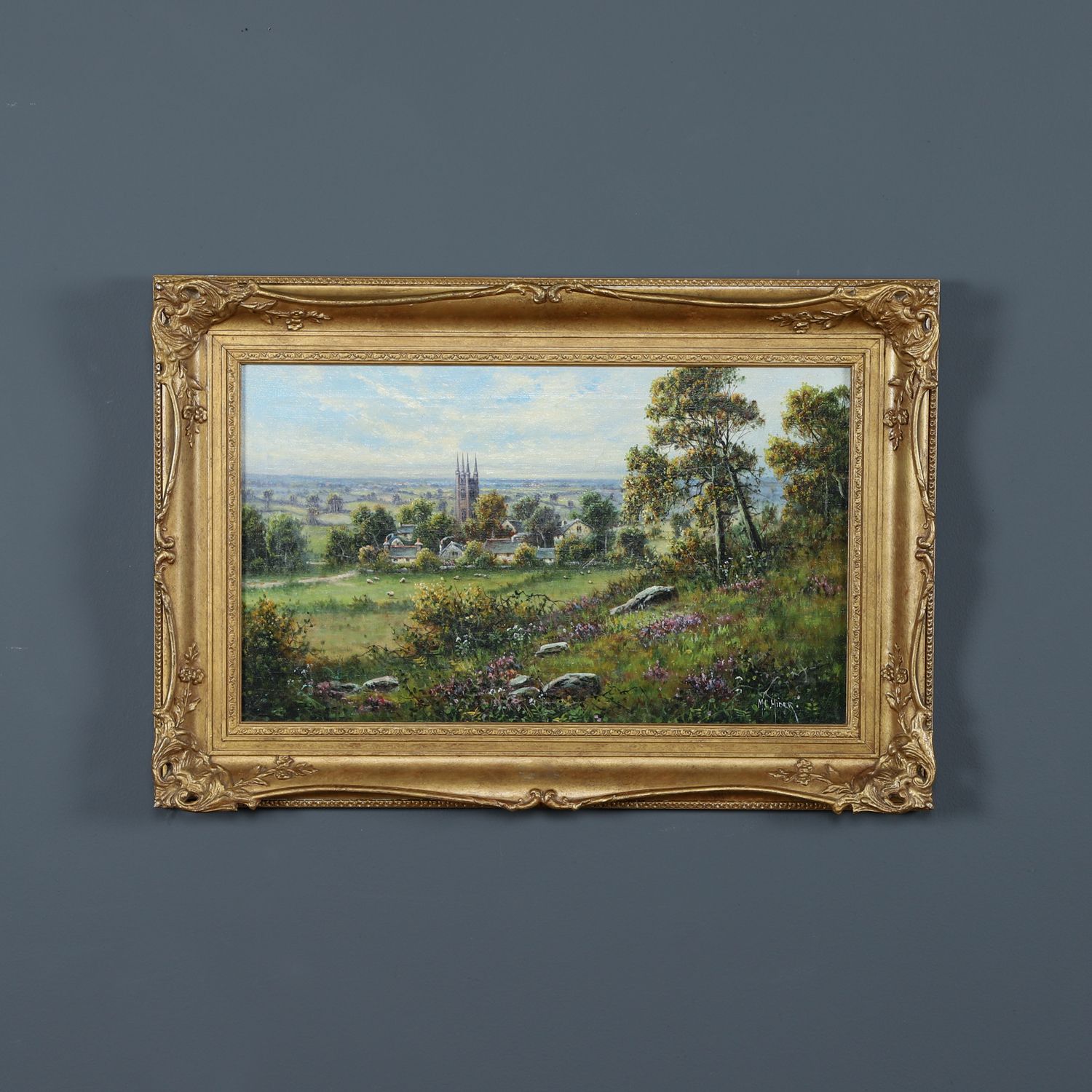 Small Antique English Oil Painting Picture Landscape Scene Of Widecombe Village By M. C. Hider (Circa 1920)