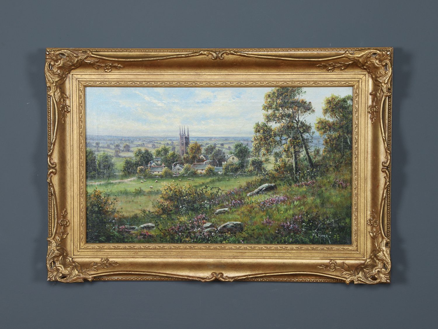 Small Antique English Oil Painting Picture Landscape Scene Of Widecombe Village By M. C. Hider (Circa 1920) photo furniture
