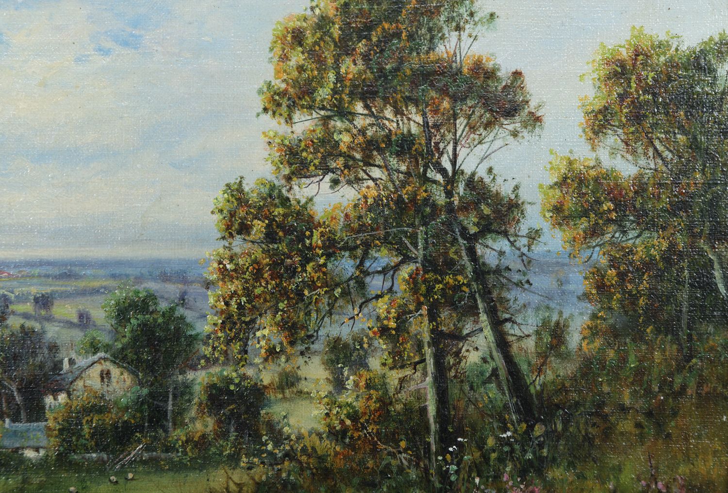 photo for sale Small Antique English Oil Painting Picture Landscape Scene Of Widecombe Village By M. C. Hider (Circa 1920)