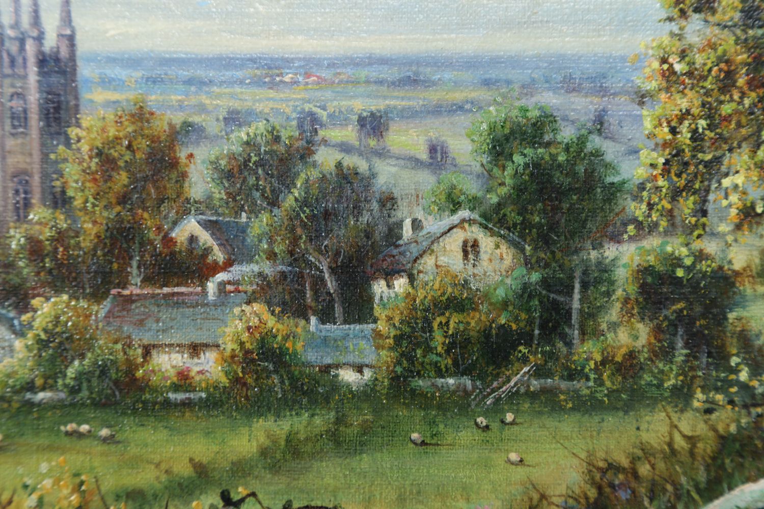 photo buy Small Antique English Oil Painting Picture Landscape Scene Of Widecombe Village By M. C. Hider (Circa 1920)