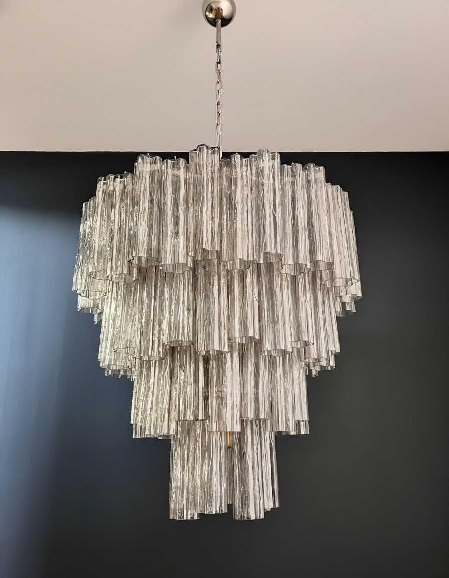 Huge Vintage Murano Glass Tiered Chandelier   80 Glasses   Smoked Glass Tube photo 2250.0