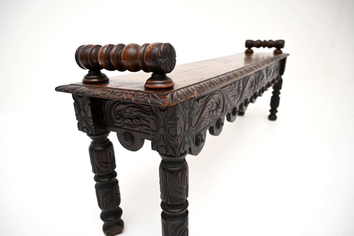 photo for sale Antique Victorian Carved Oak Bench