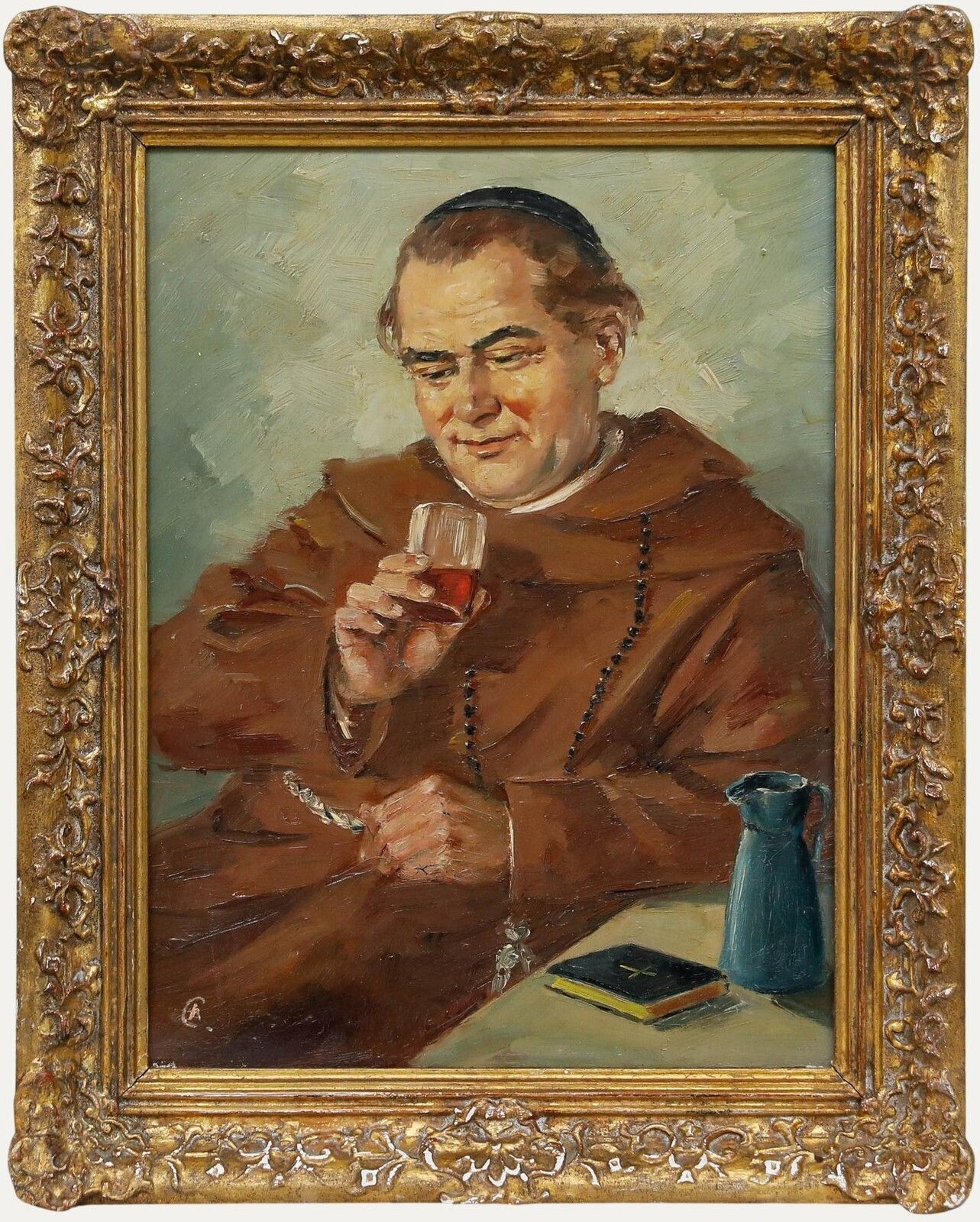 A. Czinzoll Framed 20th Century Oil, Wine Drinking Monk