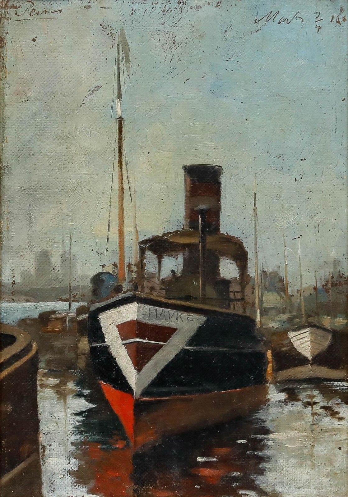 Framed French School Late 19th Century Oil Steamboat 'Havre' photo furniture