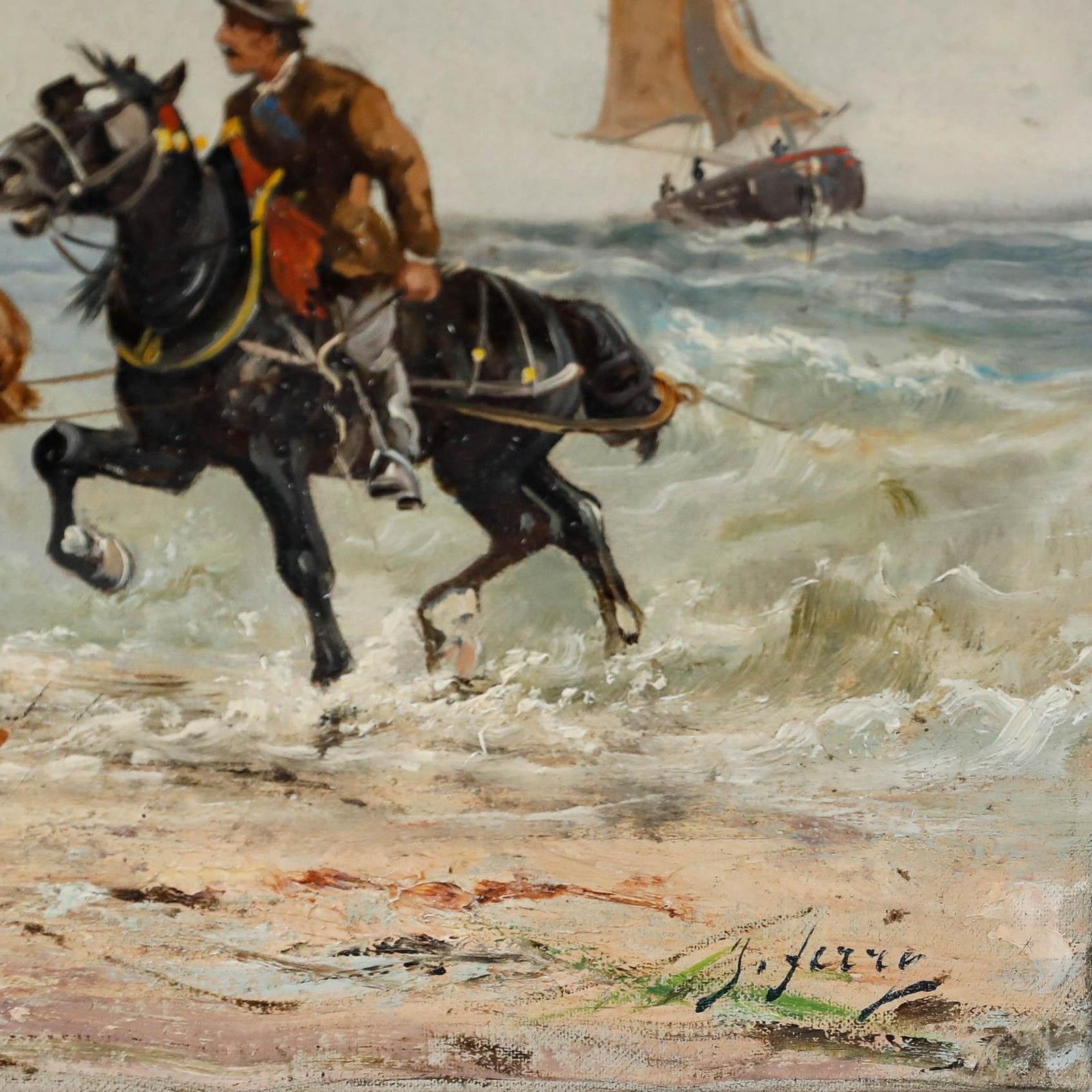 J. Ferry Late 19th Century Oil, Working Horses On Duty photo vinterior