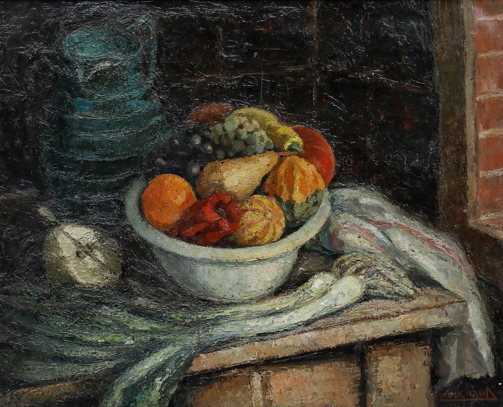 Lougnaud French School Mid 20th Century Oil, A Bowl Of Fruit With Leeks photo furniture