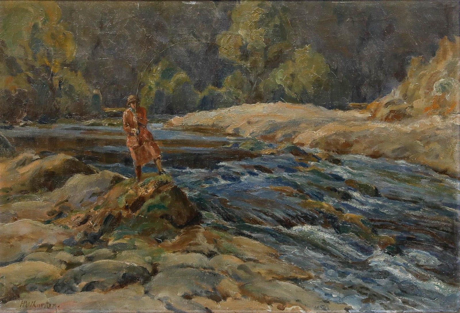 H. Wharton Framed Mid 20th Century Oil, Reeling In The Catch photo furniture