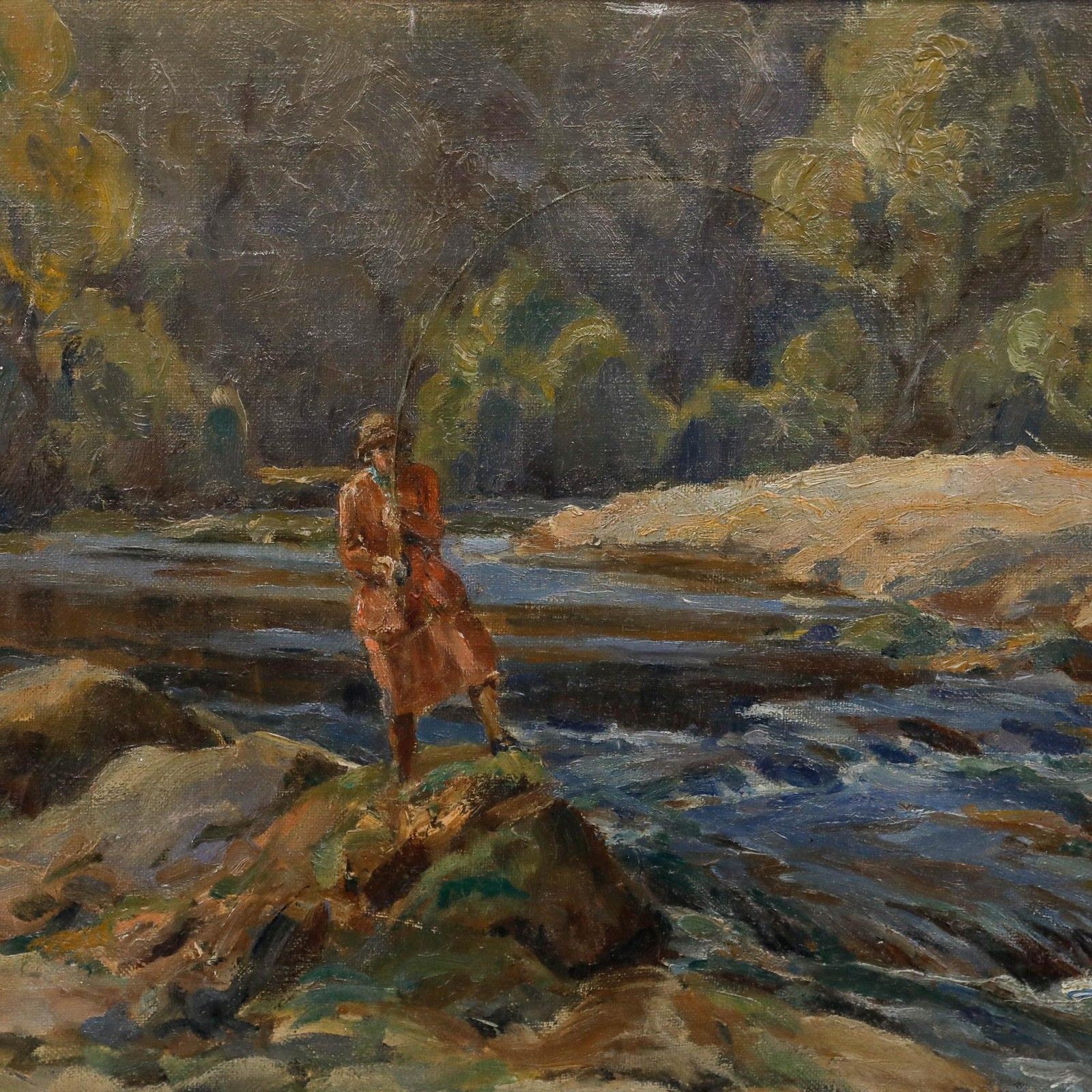 H. Wharton Framed Mid 20th Century Oil, Reeling In The Catch photo Art