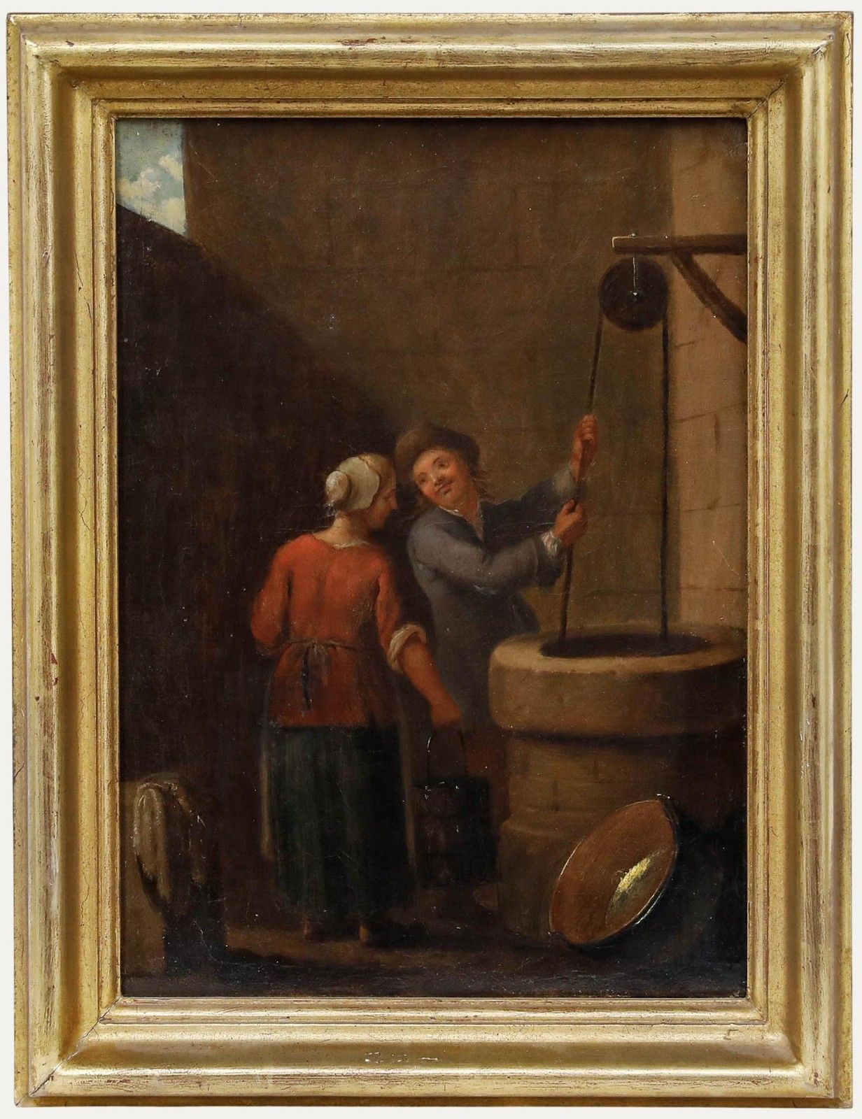Framed Dutch School 17th Century Oil Couple By The Well