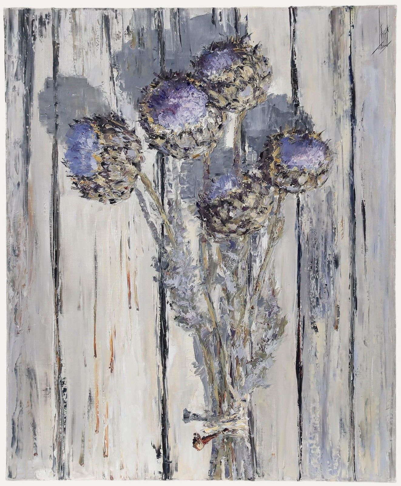 Robert Josset (B.1949) Contemporary Oil, Artichoke Flowers