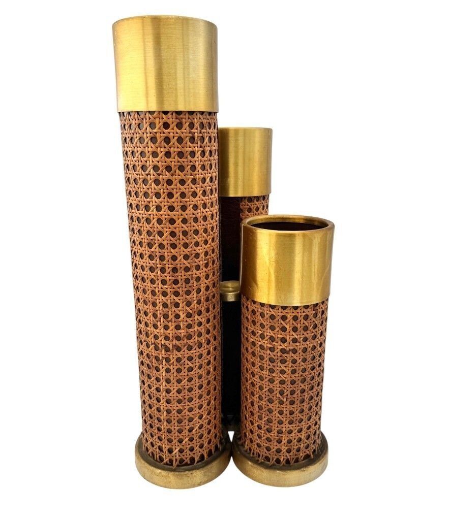An Unusual 1970s Italian Rattan, Gilt Metal And Leather Umbrella Stand photo Home Decor