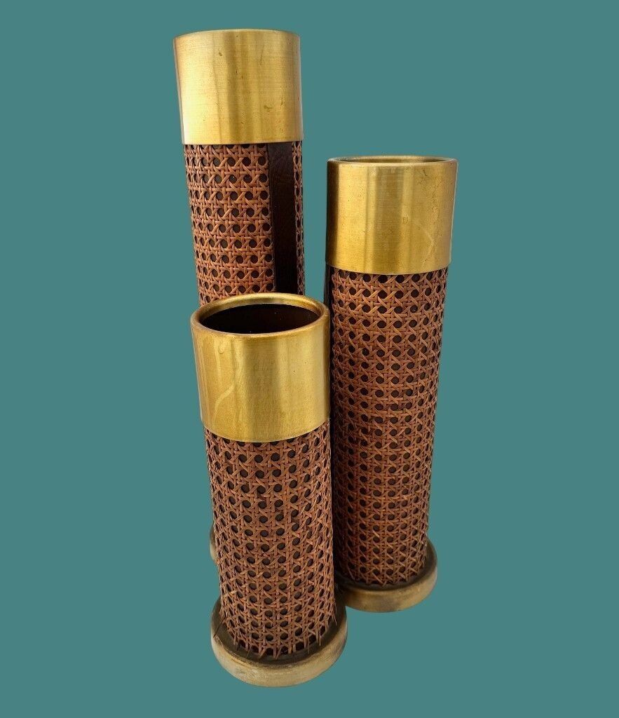 An Unusual 1970s Italian Rattan, Gilt Metal And Leather Umbrella Stand photo 645.0