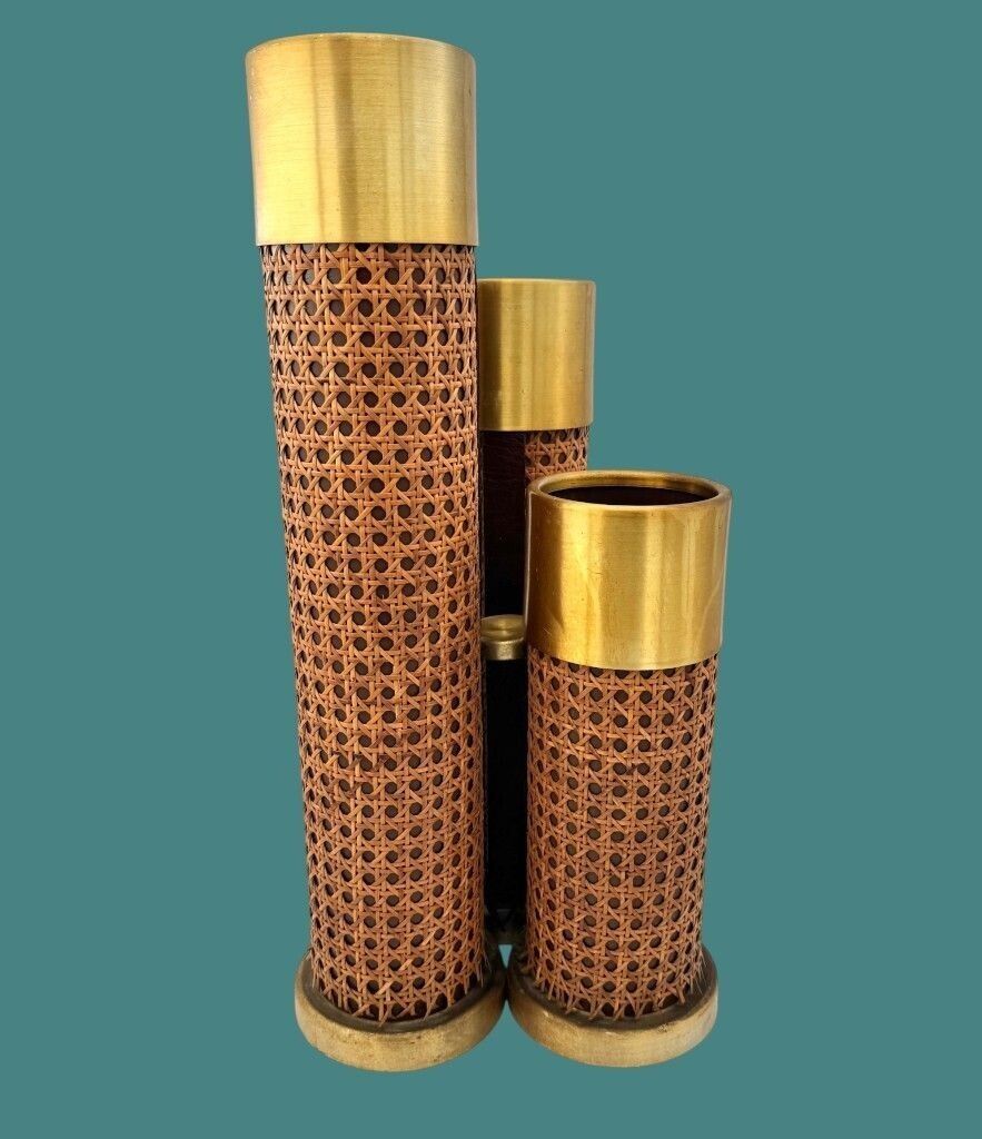 An Unusual 1970s Italian Rattan, Gilt Metal And Leather Umbrella Stand photo buy