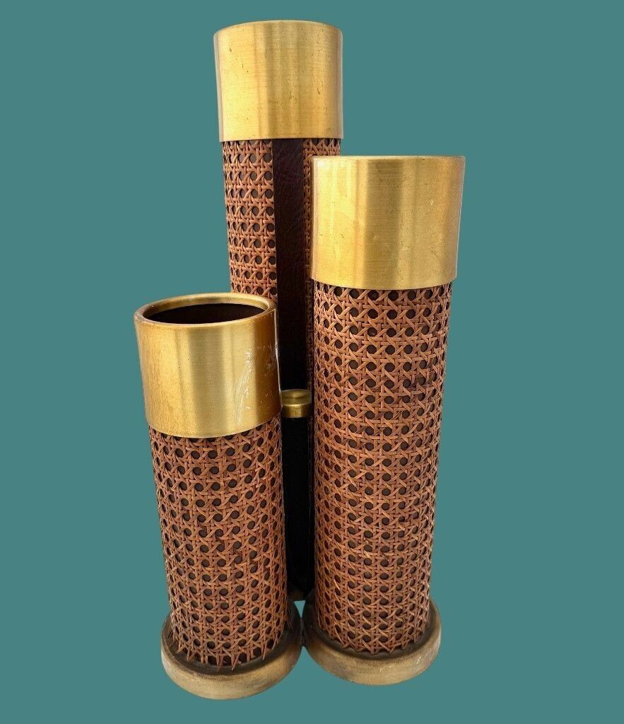 An Unusual 1970s Italian Rattan, Gilt Metal And Leather Umbrella Stand photo vintage