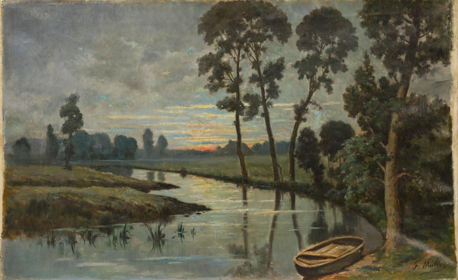 F. Mulley Early 20th Century Oil, Dusk Over The River photo furniture