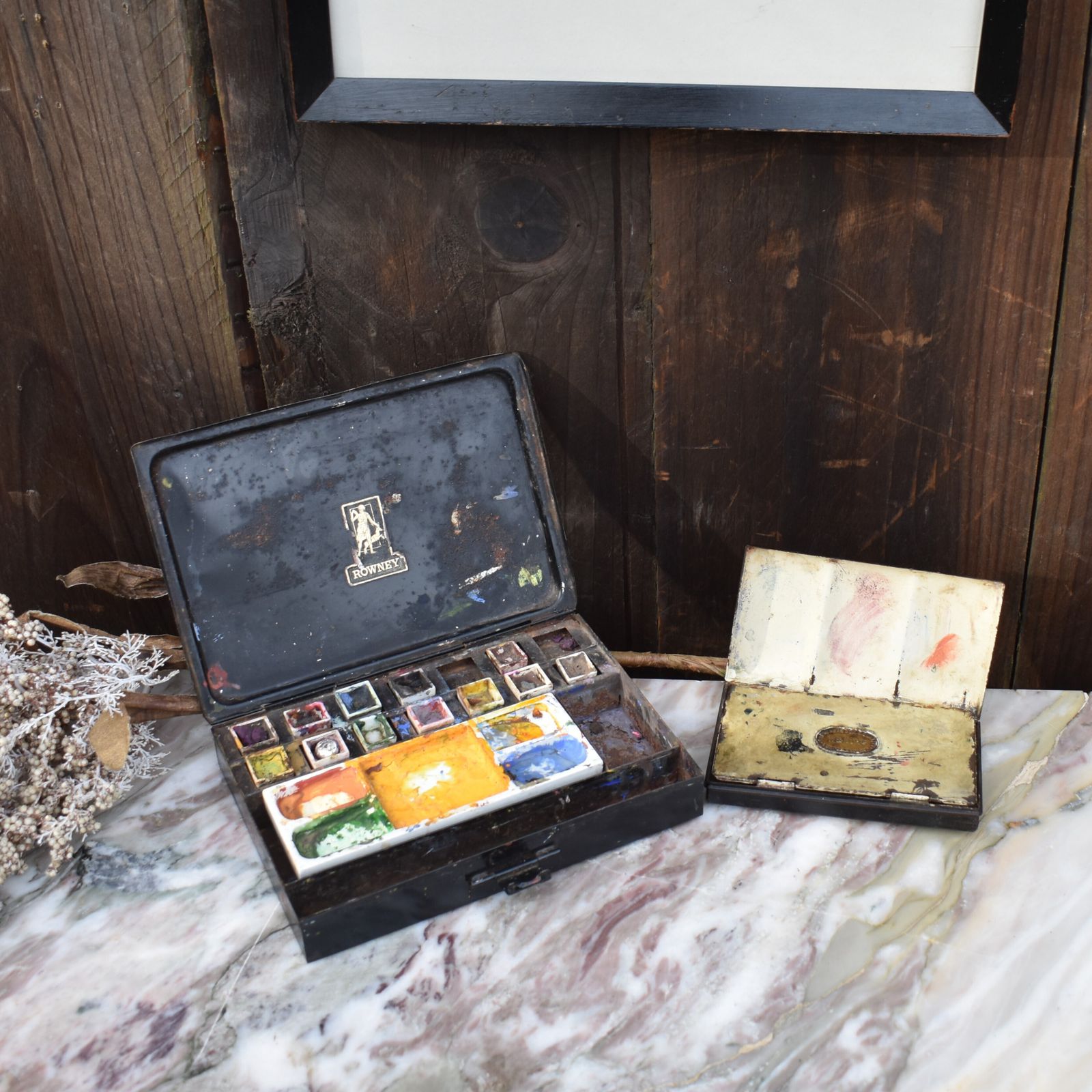 Antique Winsor & Newton Rowney Metal Travel Tins Artists Travel Paint Boxes Pair photo 145.0