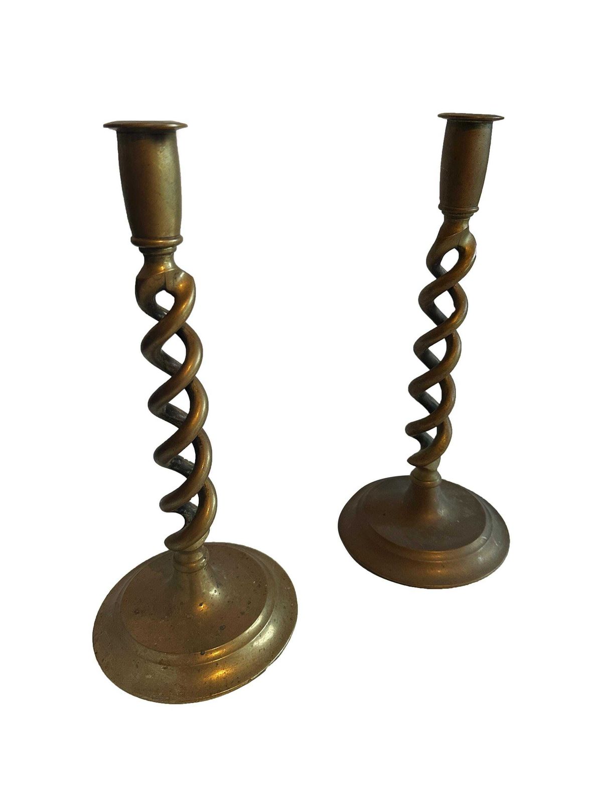 Large Pair Victorian Brass Candlestick Holders   Late 19th Century Open Barley Twist Design photo for sale