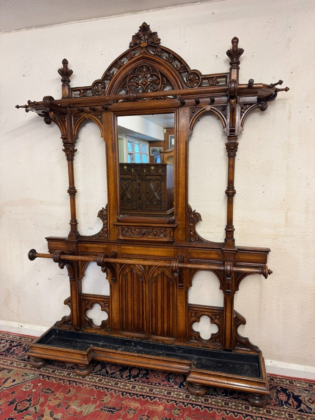 English Country House Antique Gothic Revival Carved Oak Hallstand Circa 1885 photo furniture