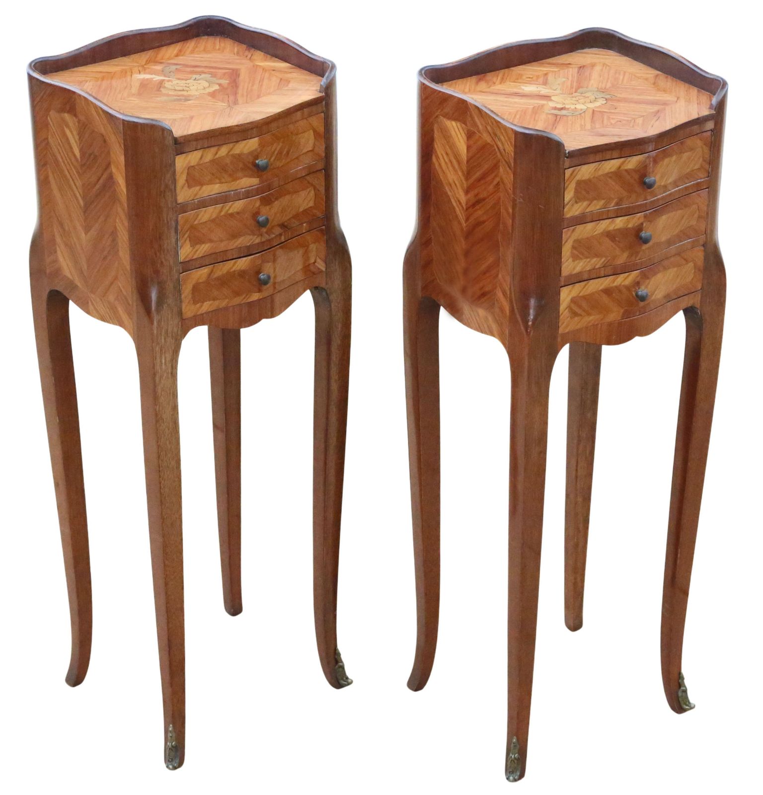 Vintage Retro French Pair Of Marquetry / Parquetry Bedside Tables – Mid 20th Century Nightstands photo furniture