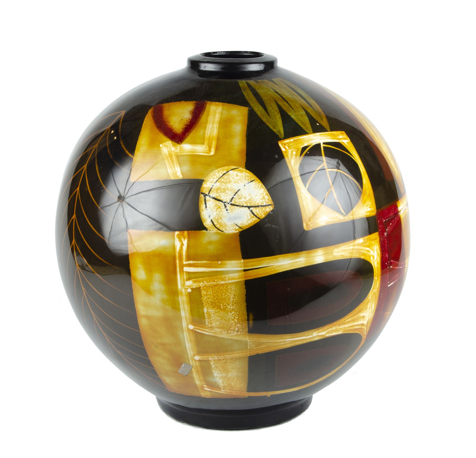 Early 20th Century Art Déco Enameled Ceramic Bulbous Decorative Vase With Vegetal And Geometric Motifs, France