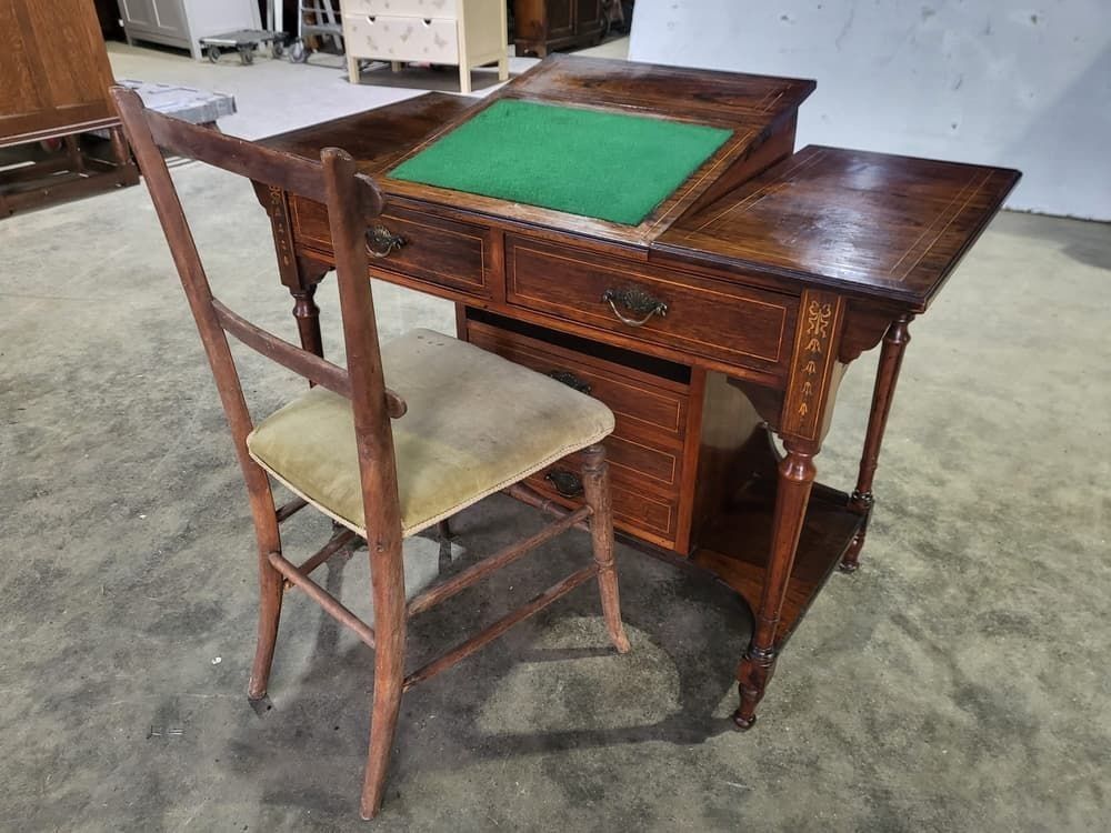 photo vintage Antique Edwardian Inlaid Rosewood Small Writing Desk Table Drawers
