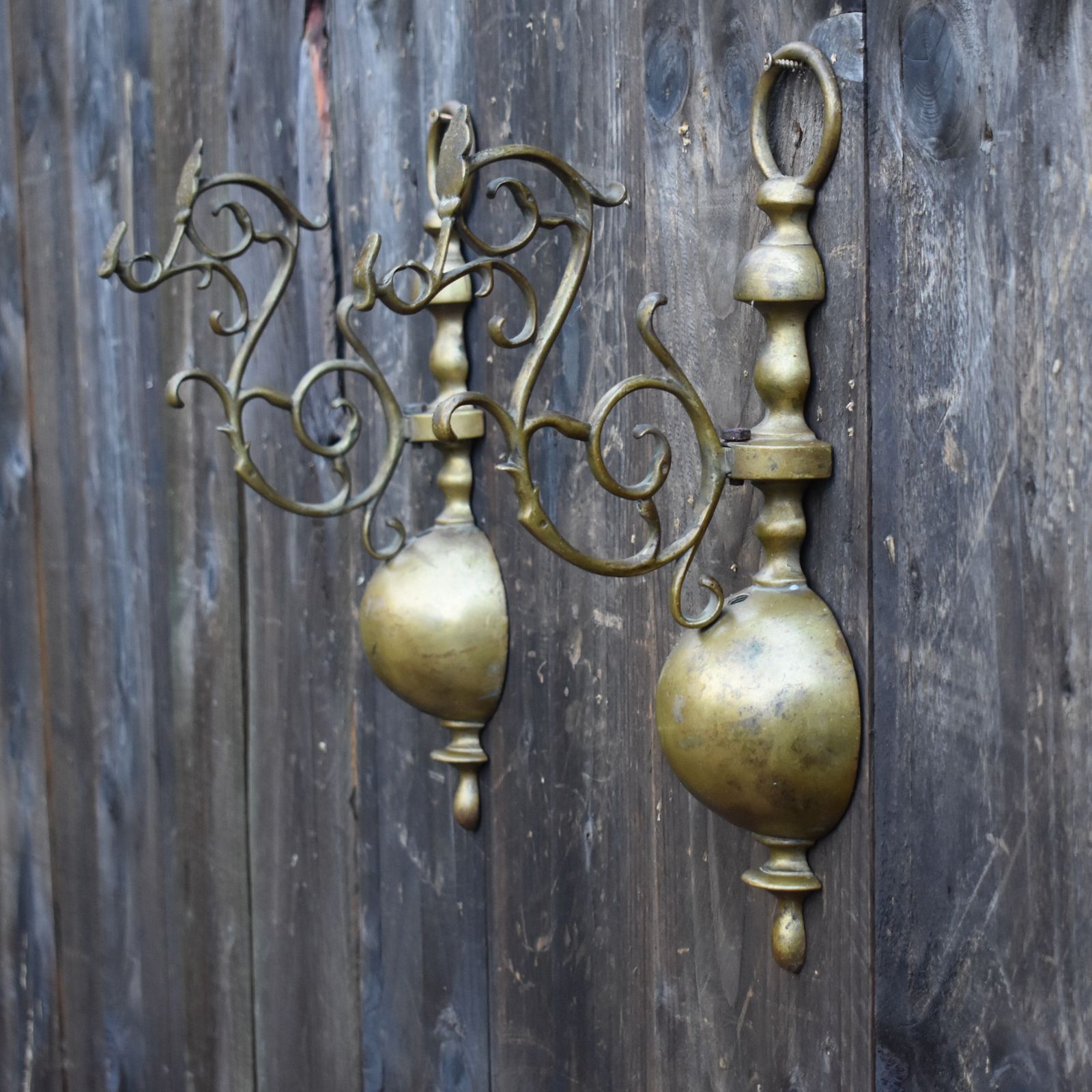 Antique Salvage Brass Ornate Scroll Half Orb Wall Hanging Brackets Pair photo furniture