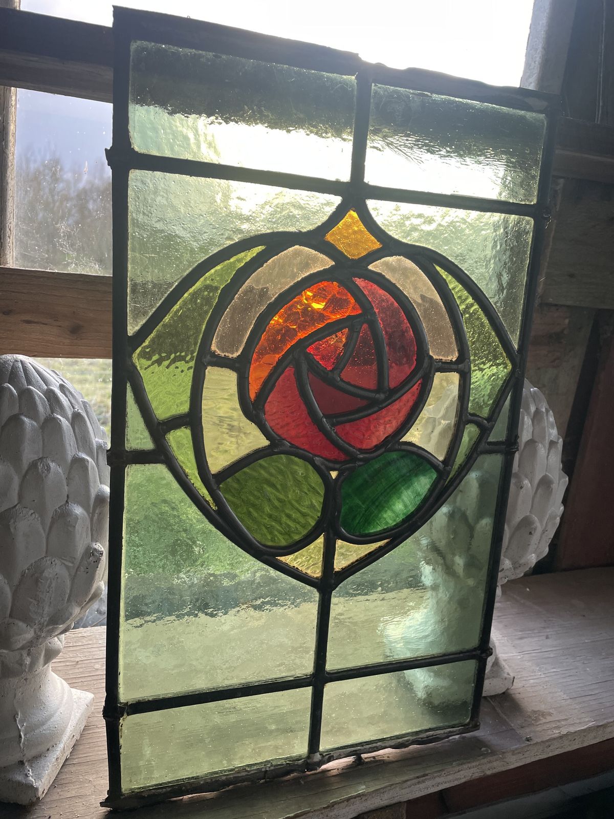 Edwardian Stained Glass Window With Vibrant Rose Central Motif And Emerald Green Glass C.1900 H39xw29cm (Part Of 2 Windows In Family) photo 385.0