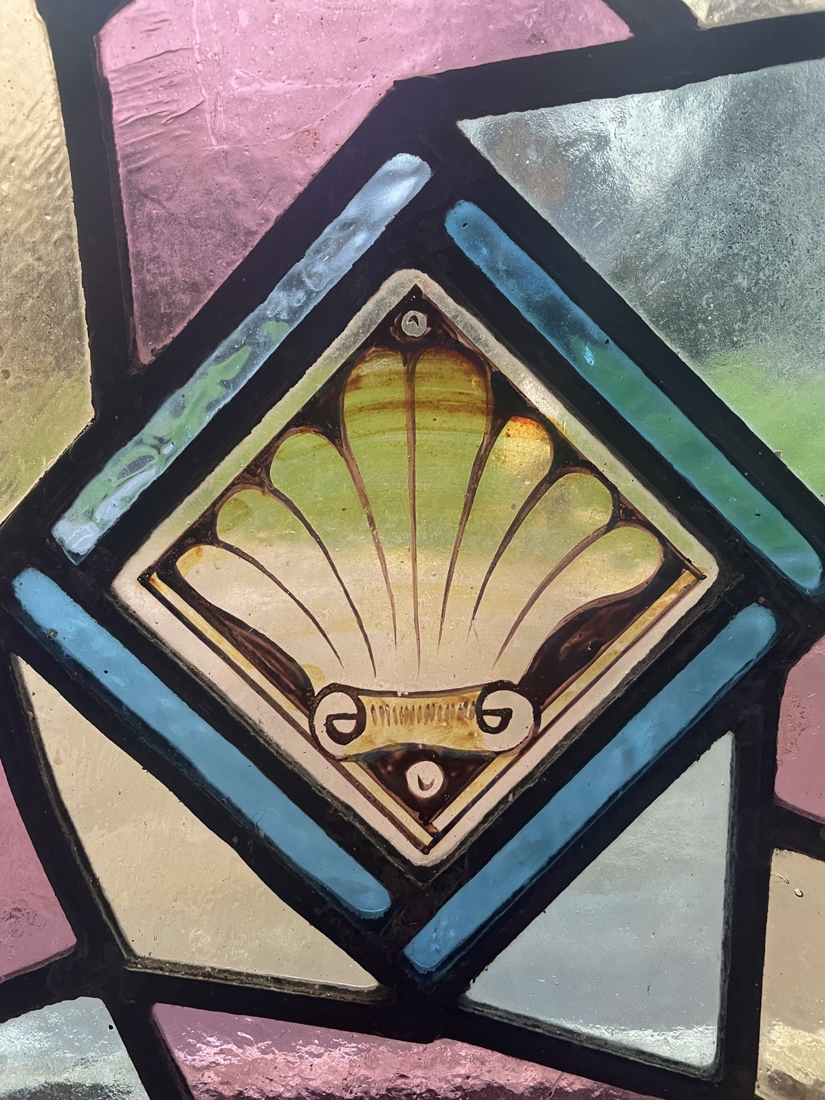 Victorian Stained Glass Window Panel Hand Painted Shell Motif Soft Pastel Colour Glass C.1890 H34xw35cm photo for sale