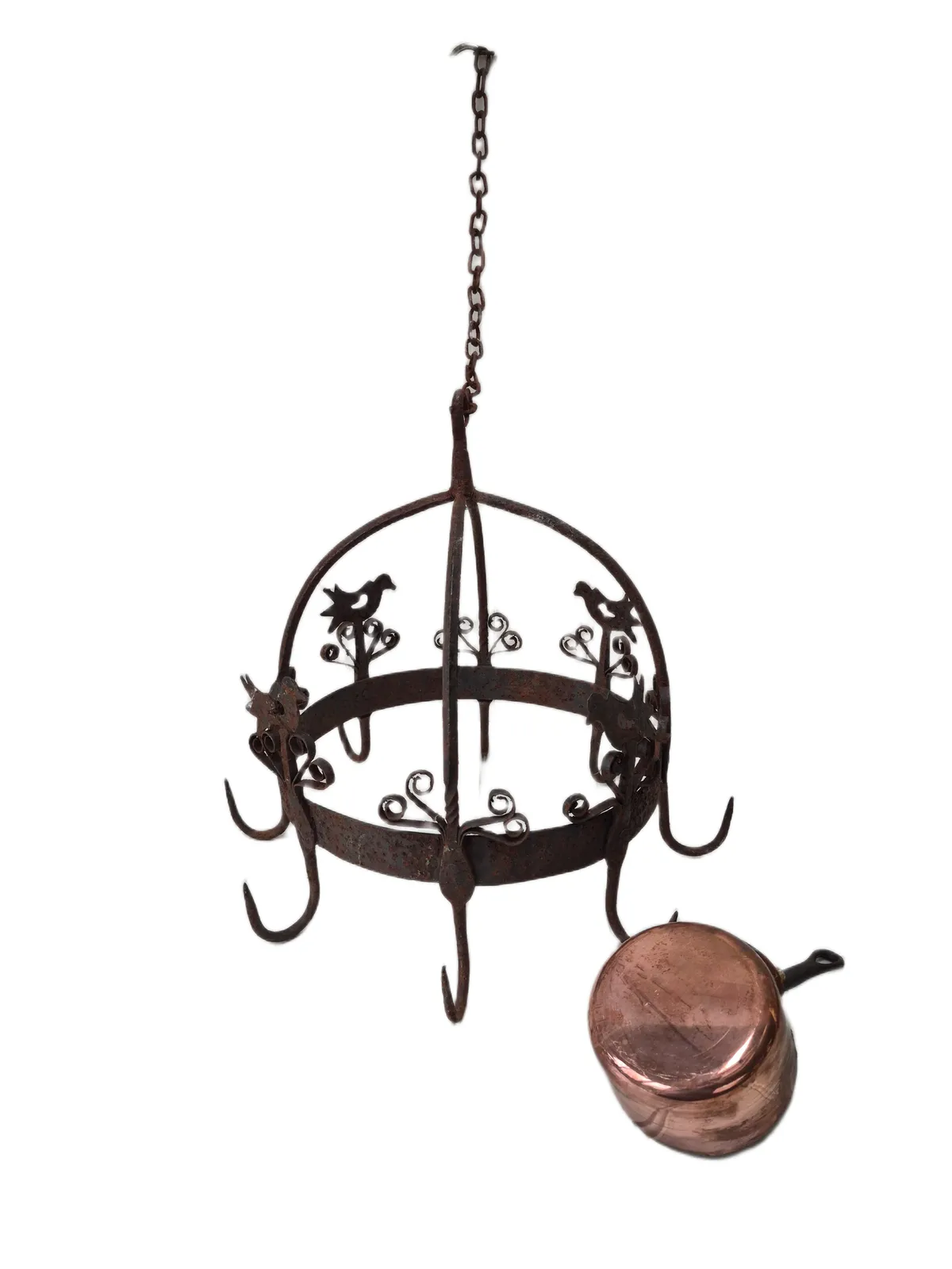Antique French Heavy Wrought Iron Crown Pan Hanger Or Game Hanger With 8 Hooks photo 195.0