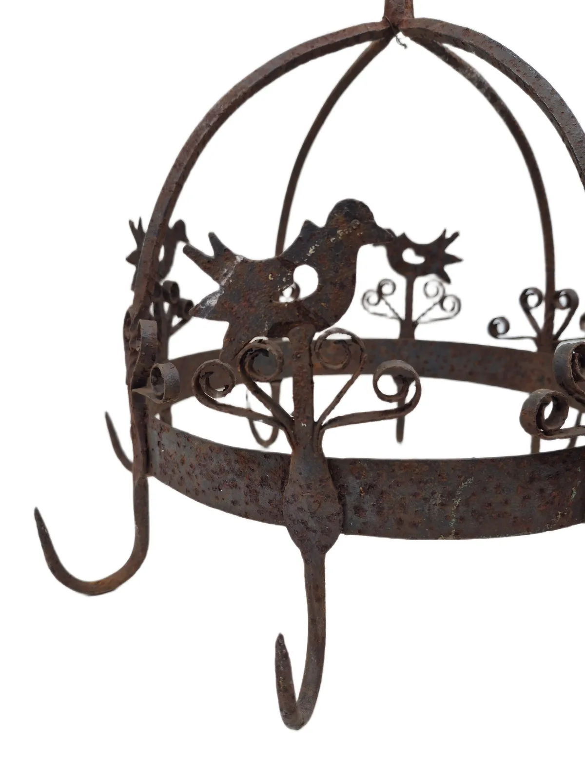 Antique French Heavy Wrought Iron Crown Pan Hanger Or Game Hanger With 8 Hooks photo vinterior