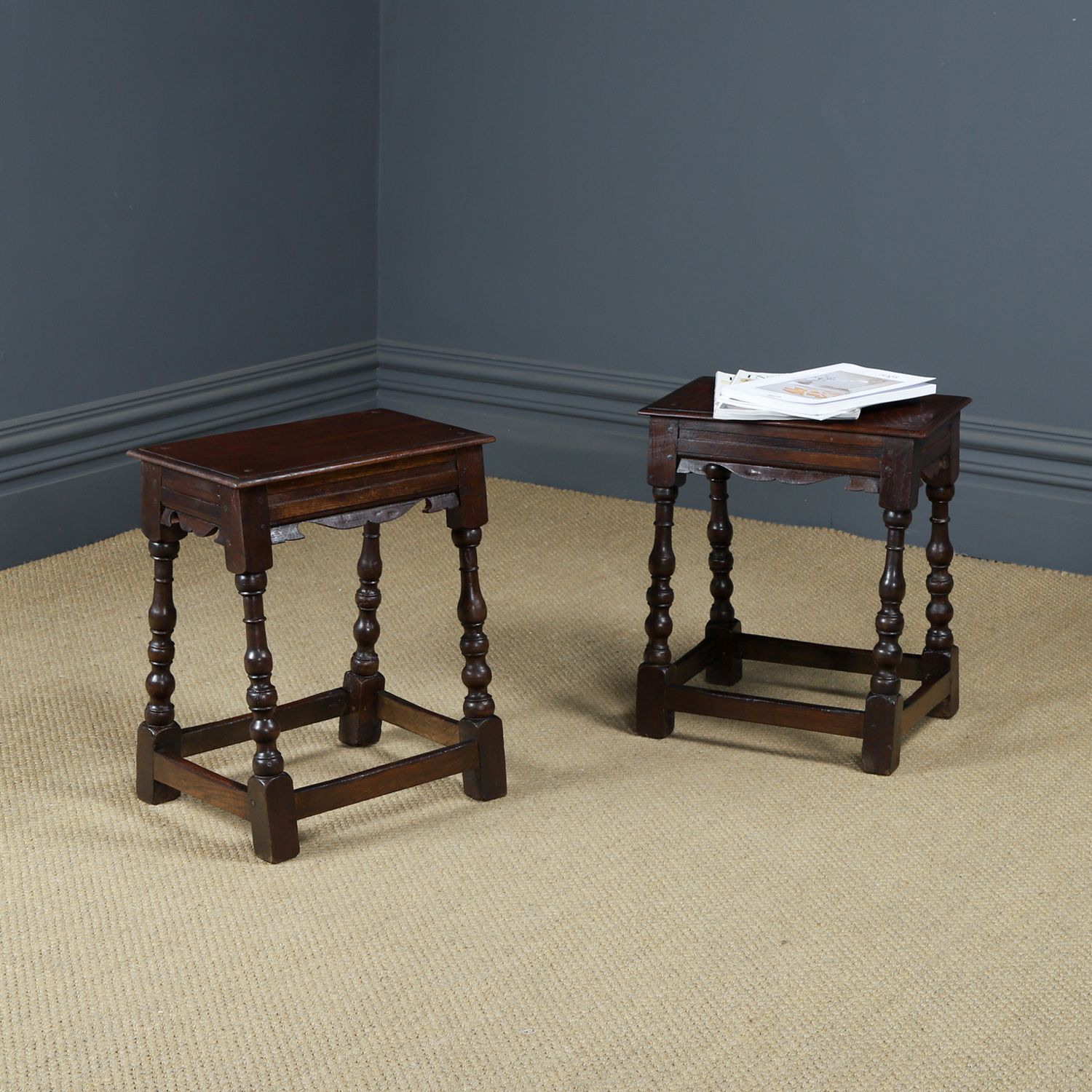 Antique English Pair Of 17th Century Style Oak Joint Stools / Occasional / Bedside Tables (Circa 1880) photo for sale