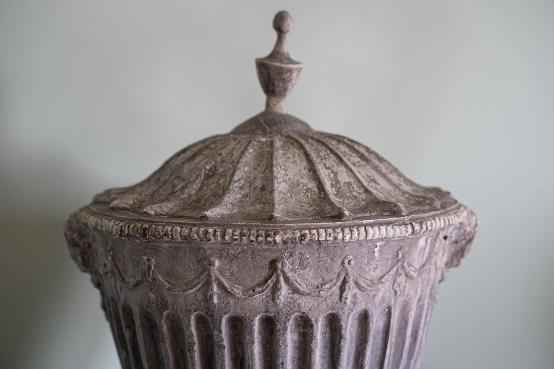 Near Pair Of Heavy Garden Lead Urns photo Garden Decor