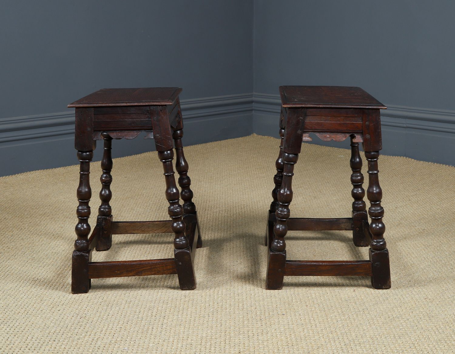 Antique English Pair Of 17th Century Style Oak Joint Stools / Occasional / Bedside Tables (Circa 1880) photo vintage