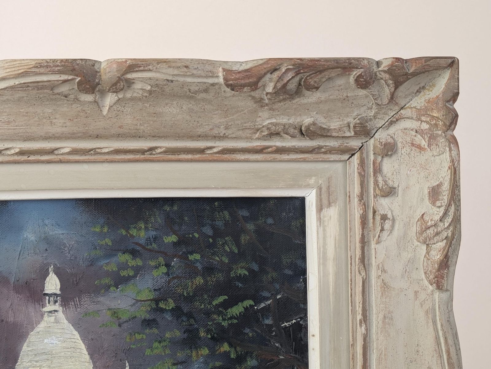 French Sacré Cœur Paris Night Oil Painting Art: Signed S. Nico Montmartre Street Scene In Hand Carved Frame photo 178.0