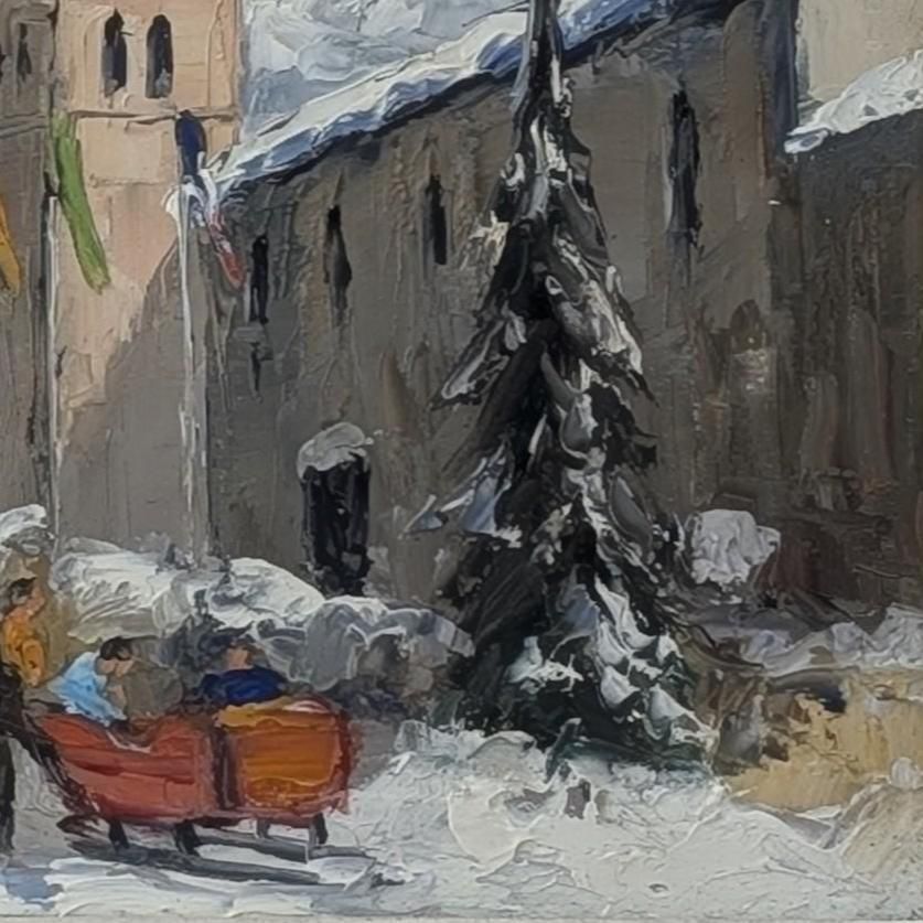 French Alps Winter Village Oil Painting On Canvas: Mid Century Impasto Snow Scene photo buy