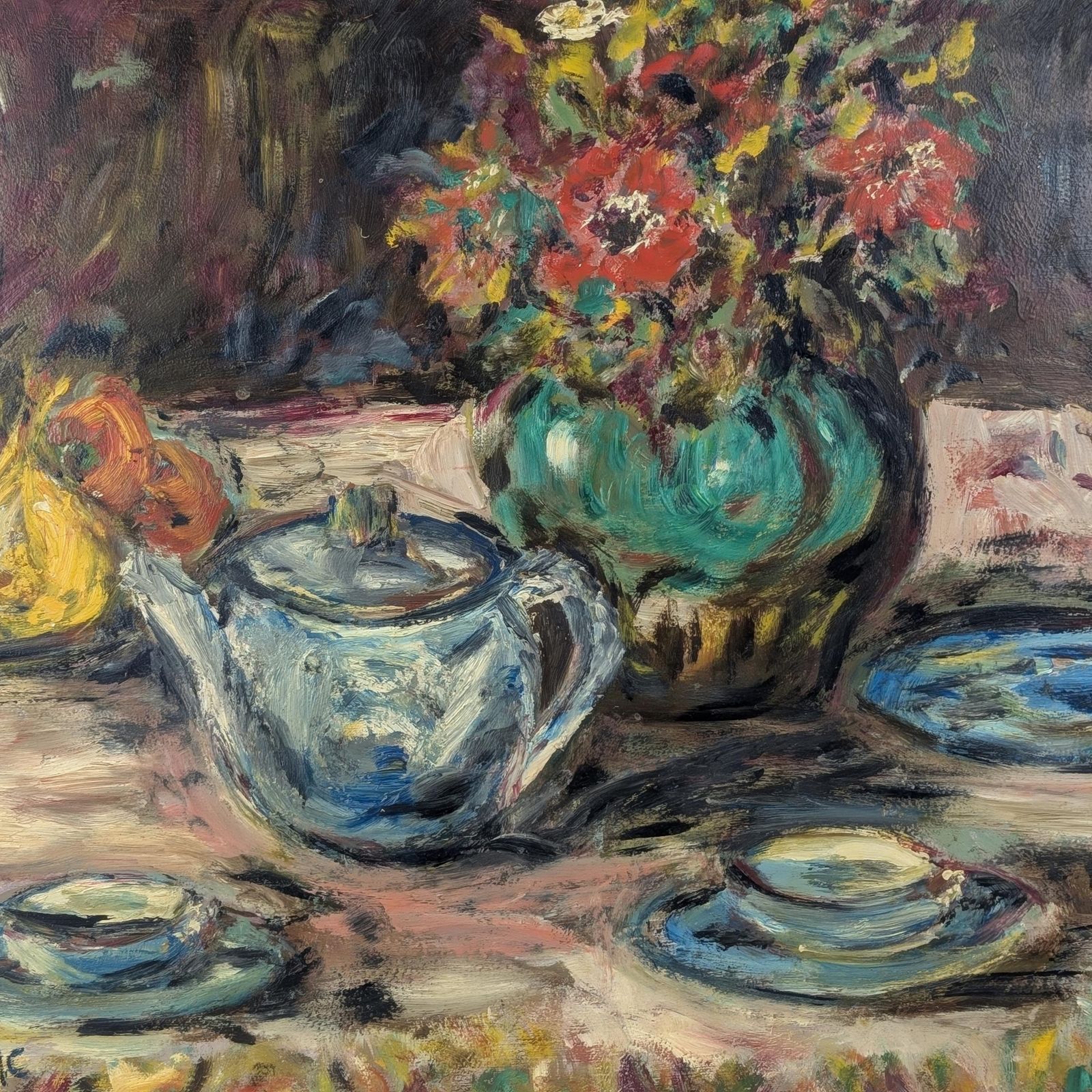 French Still Life Oil Painting Signed Maljeirac: Large Floral Teapot Canvas Board, Blue & Yellow Mid Century Impasto Wall Art photo for sale
