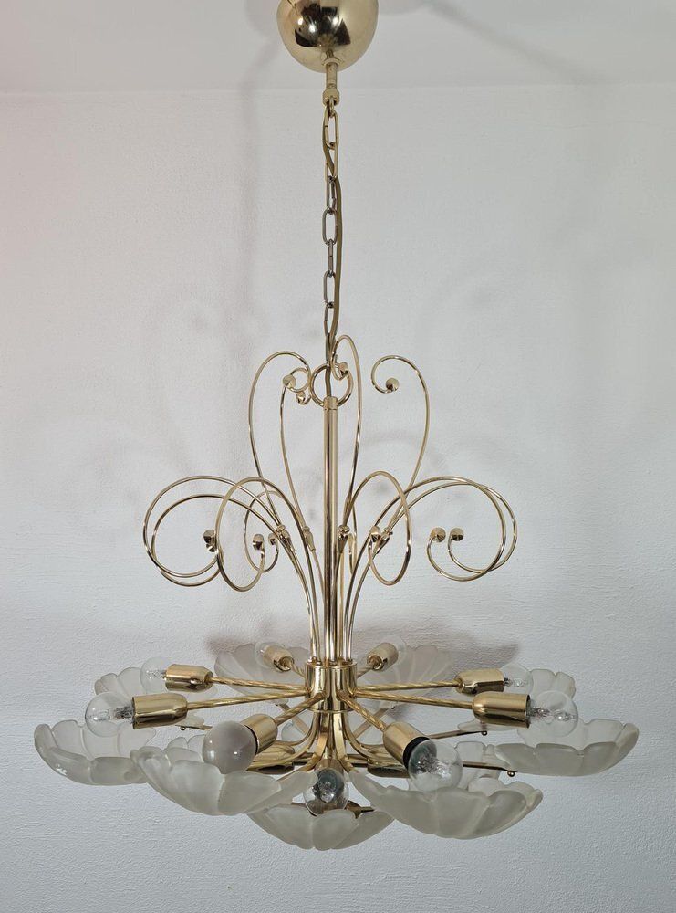 Frosted Glass And Brass Chandelier From Deknudt, Belgium, 1970s photo furniture