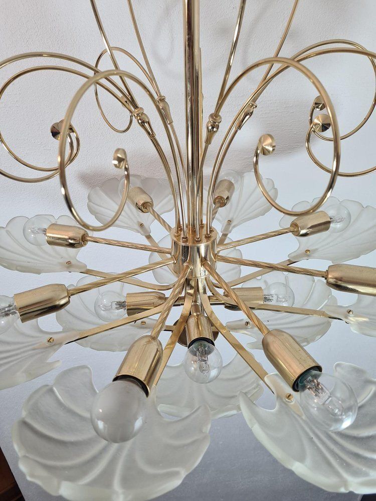 Frosted Glass And Brass Chandelier From Deknudt, Belgium, 1970s photo vinterior
