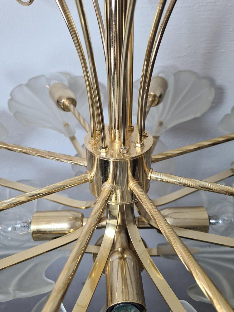 Frosted Glass And Brass Chandelier From Deknudt, Belgium, 1970s photo vintage