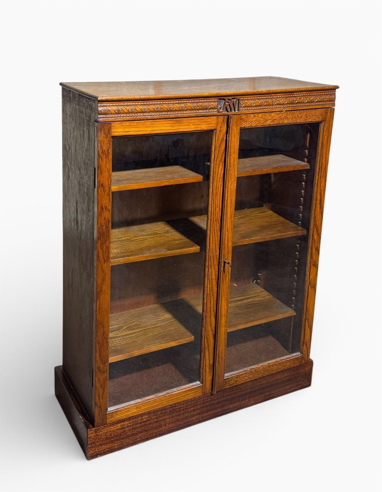 Antique Carved Oak Bookcase Initialed R.M C 1900 Rare Adjustable Shelves photo Furniture