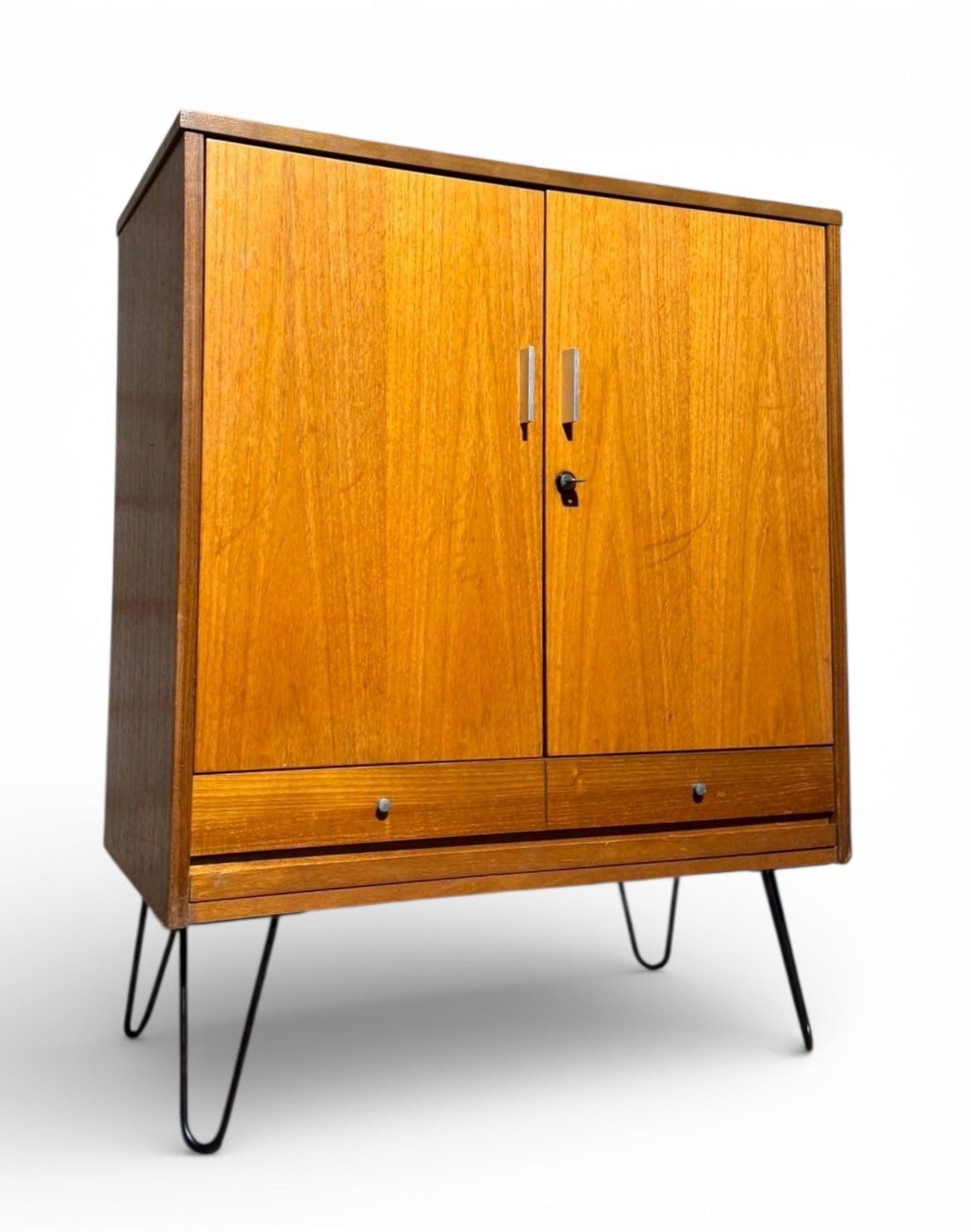 Teak And Steel Drinks Cabinet Cocktail Cabinet Mid Century Hair Pin Legs C1970s