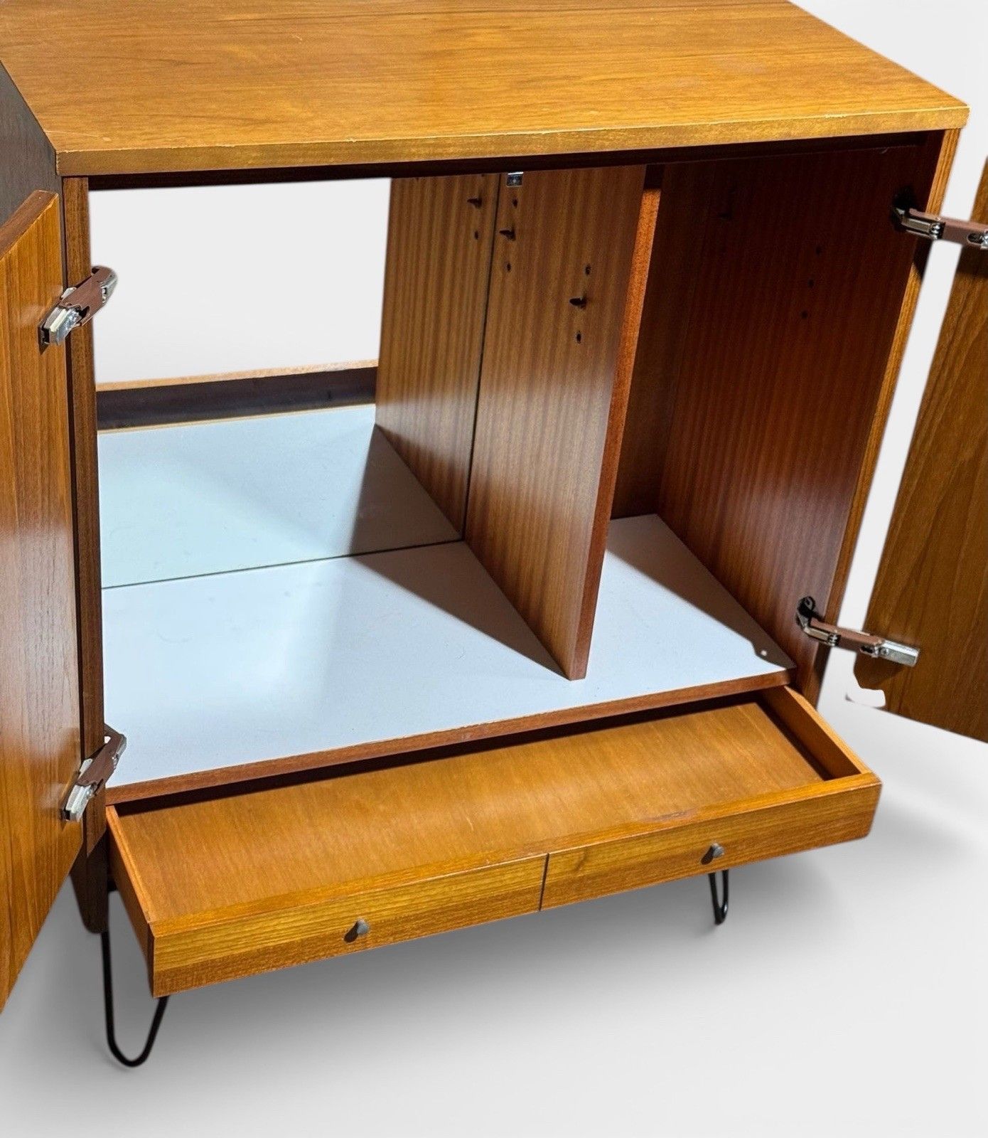 photo for sale Teak And Steel Drinks Cabinet Cocktail Cabinet Mid Century Hair Pin Legs C1970s
