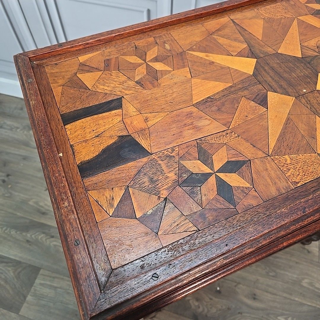 Antique Marquetry Side Table Continental Inlaid Oak – Turned Legs Victorian photo 390.0