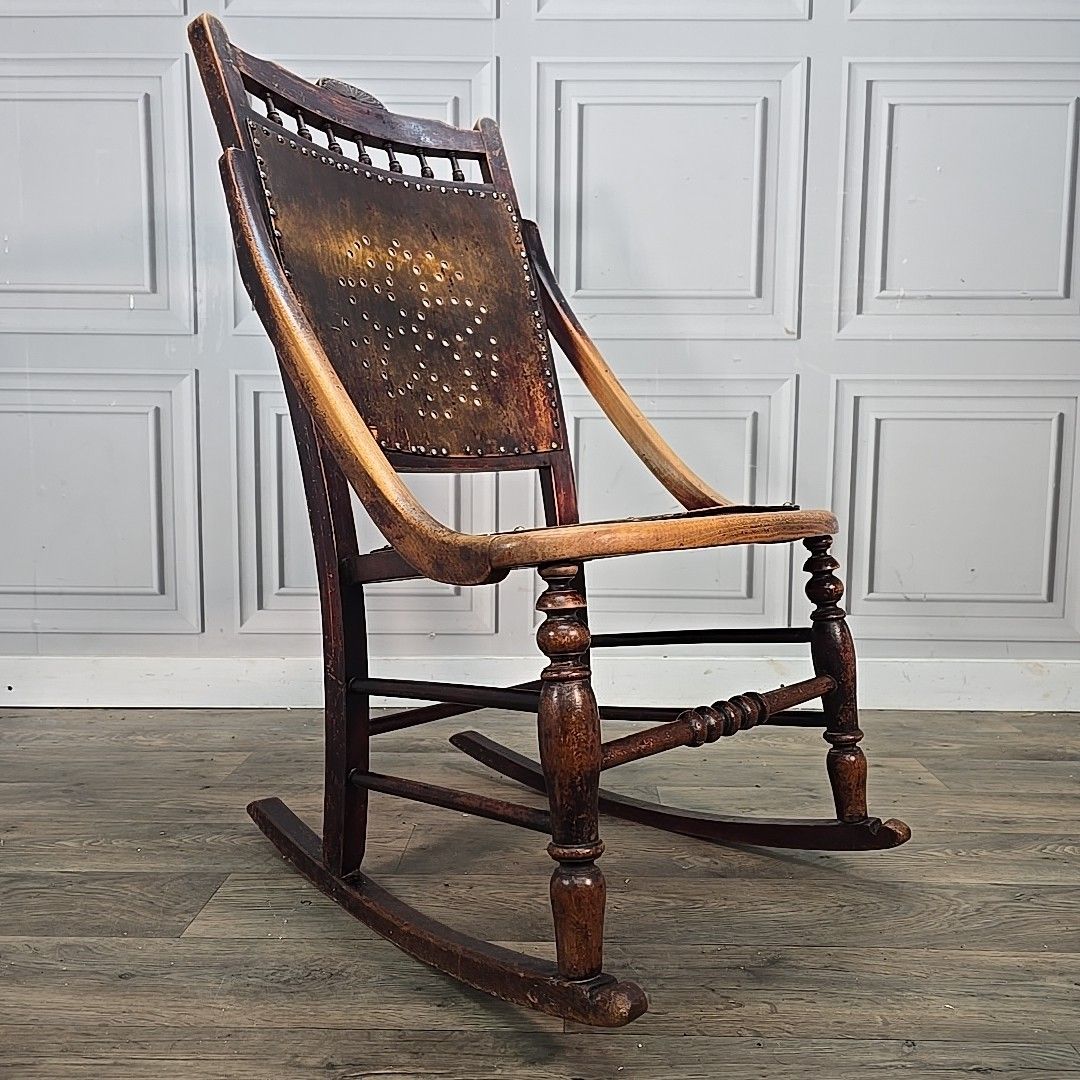 Antique Wooden Rocking Chair – Perforated Seat & Back Victorian / Arts & Crafts photo furniture