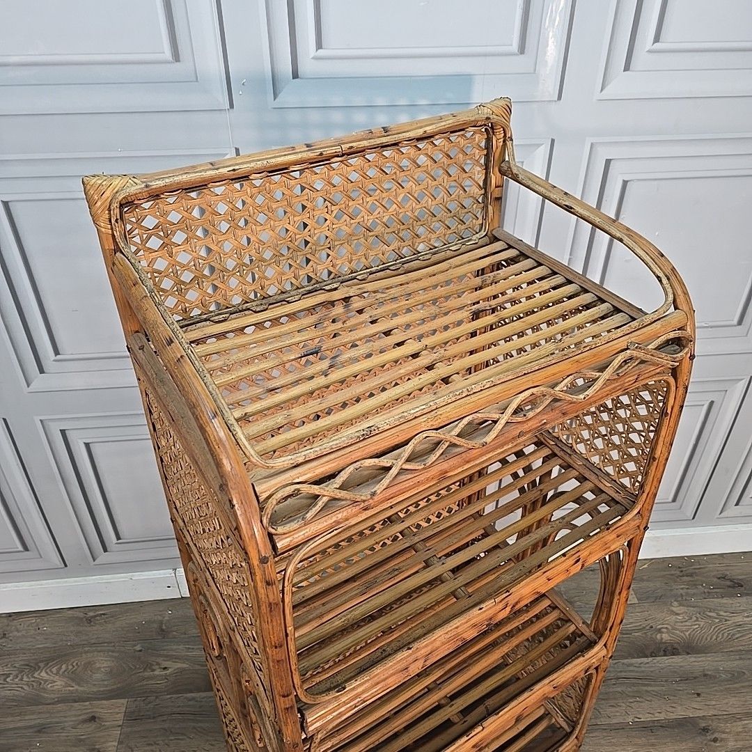 Retro Vintage Bookcase Rattan & Wicker Shelving Unit – Boho Cane Mid Century Mcm photo for sale