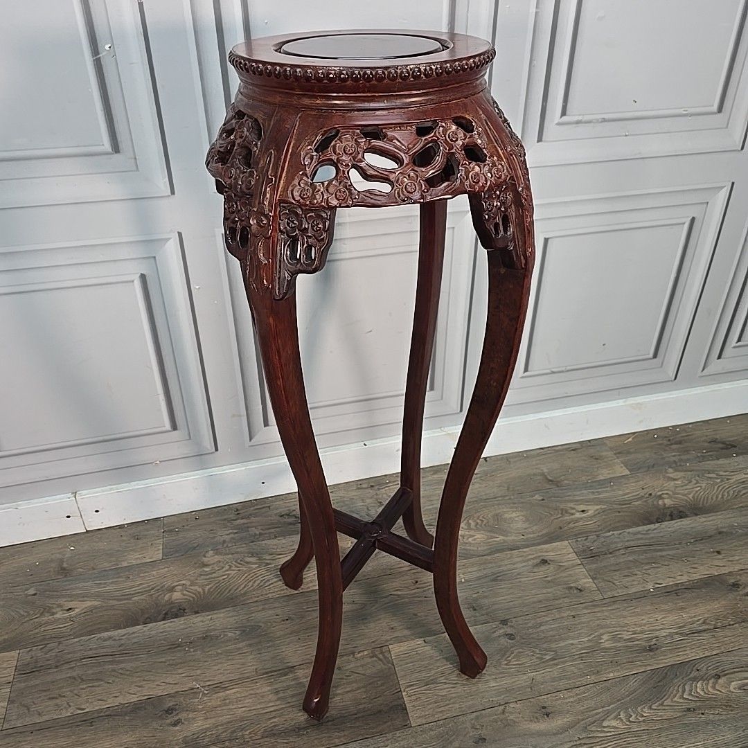 Vintage Oriental Plant Stand Chinese Carved Hardwood – Floral Jardinière Table photo furniture