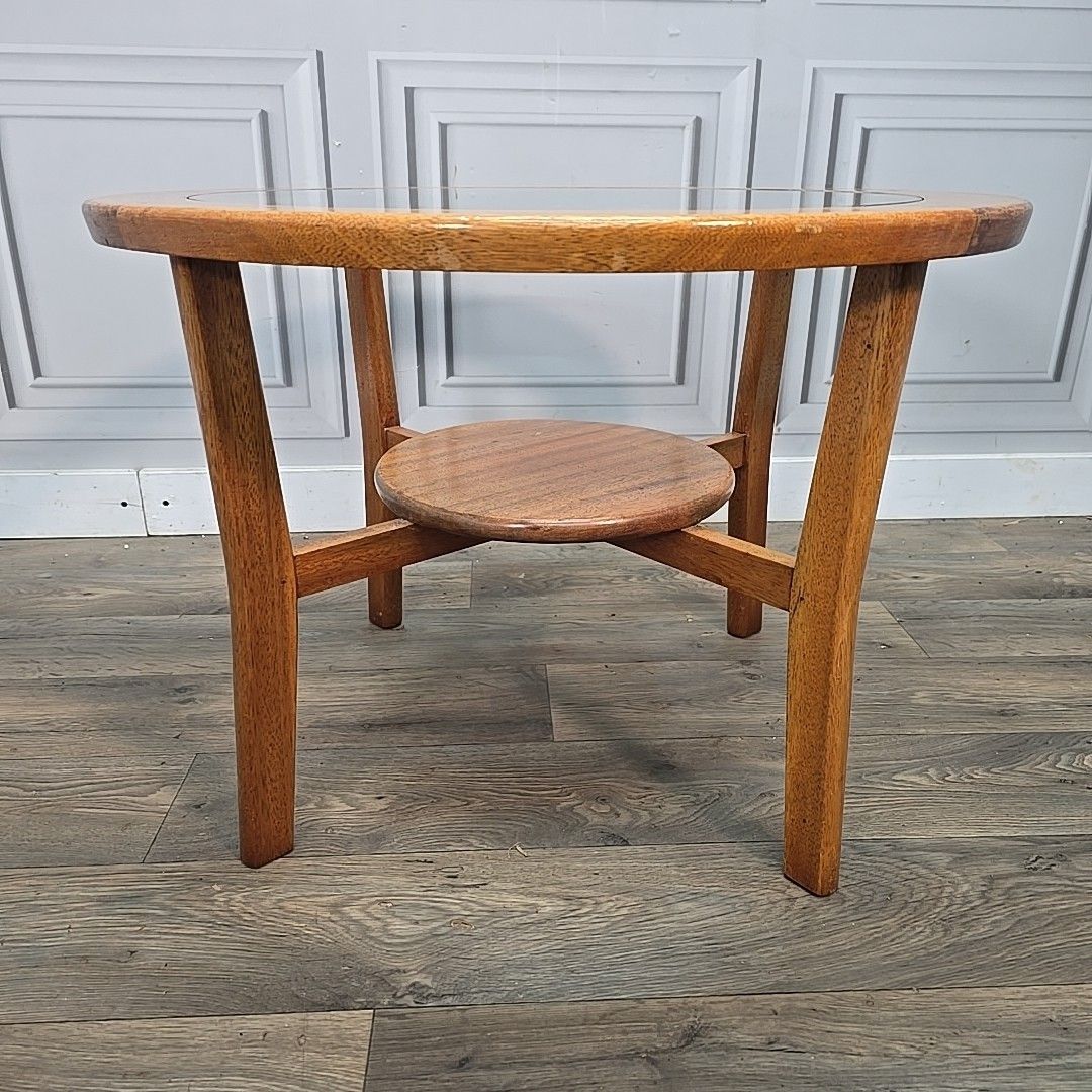 photo vinterior Retro Glass Coffee Table Vintage Teak Round Under Shelf – Mid Century Modern