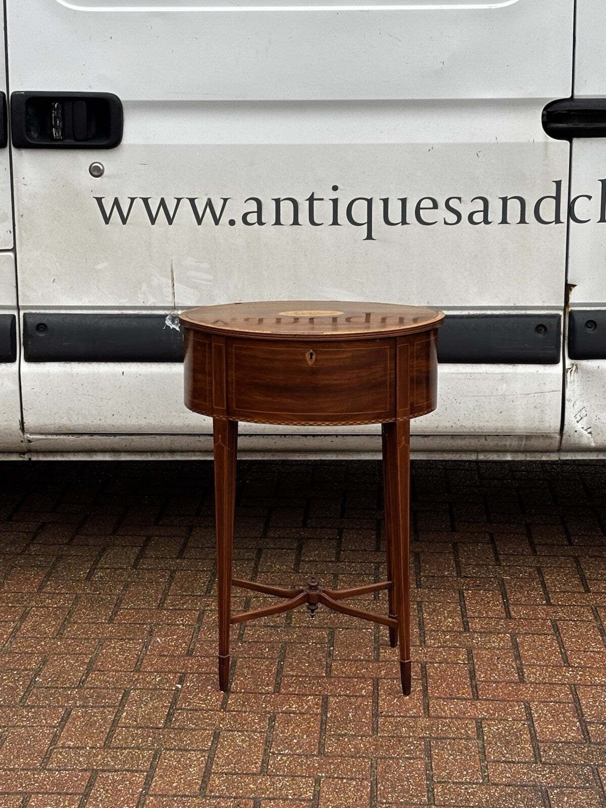 Sheraton Revival Inlaid Satinwood Side Table, Lamp Table, Work Box, On Castors. photo vintage