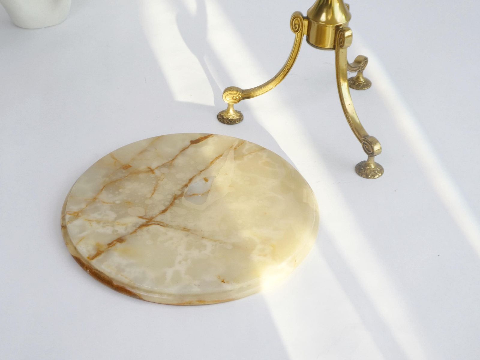 Antique Marble Tripod Table With Brass Legs, Ornate Onyx Plant Stand, Pedestal With Round Top photo buy